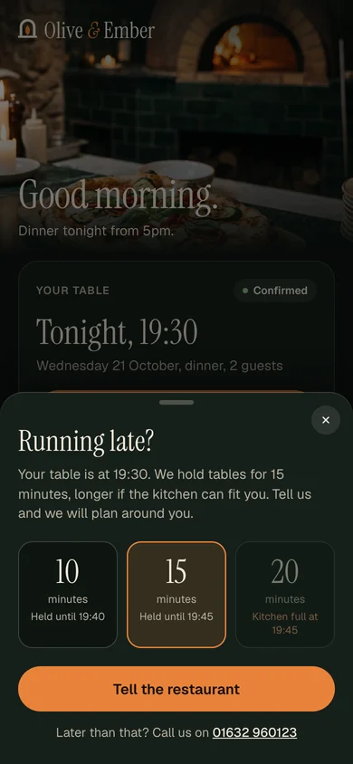 The running late sheet in the app