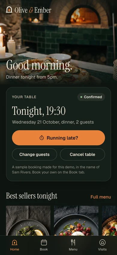 The app home screen with tonight's booking