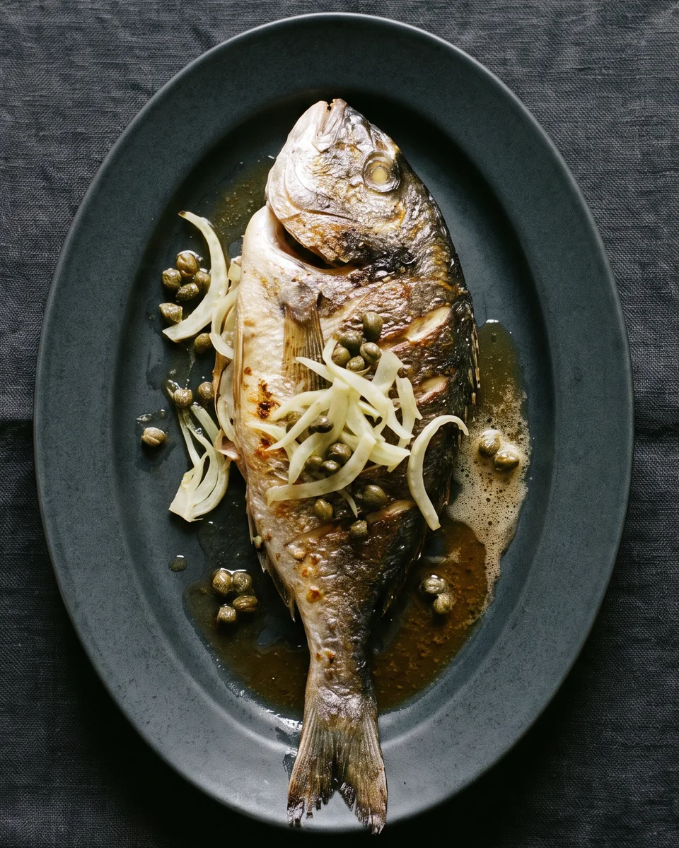 Whole roasted sea bream with fennel and capers