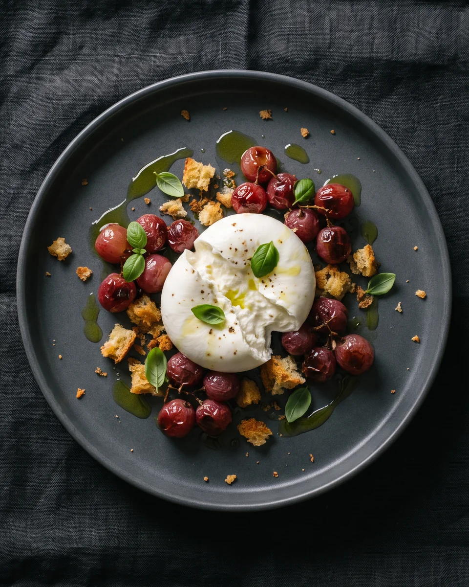 Burrata with roasted grapes and sourdough crumbs