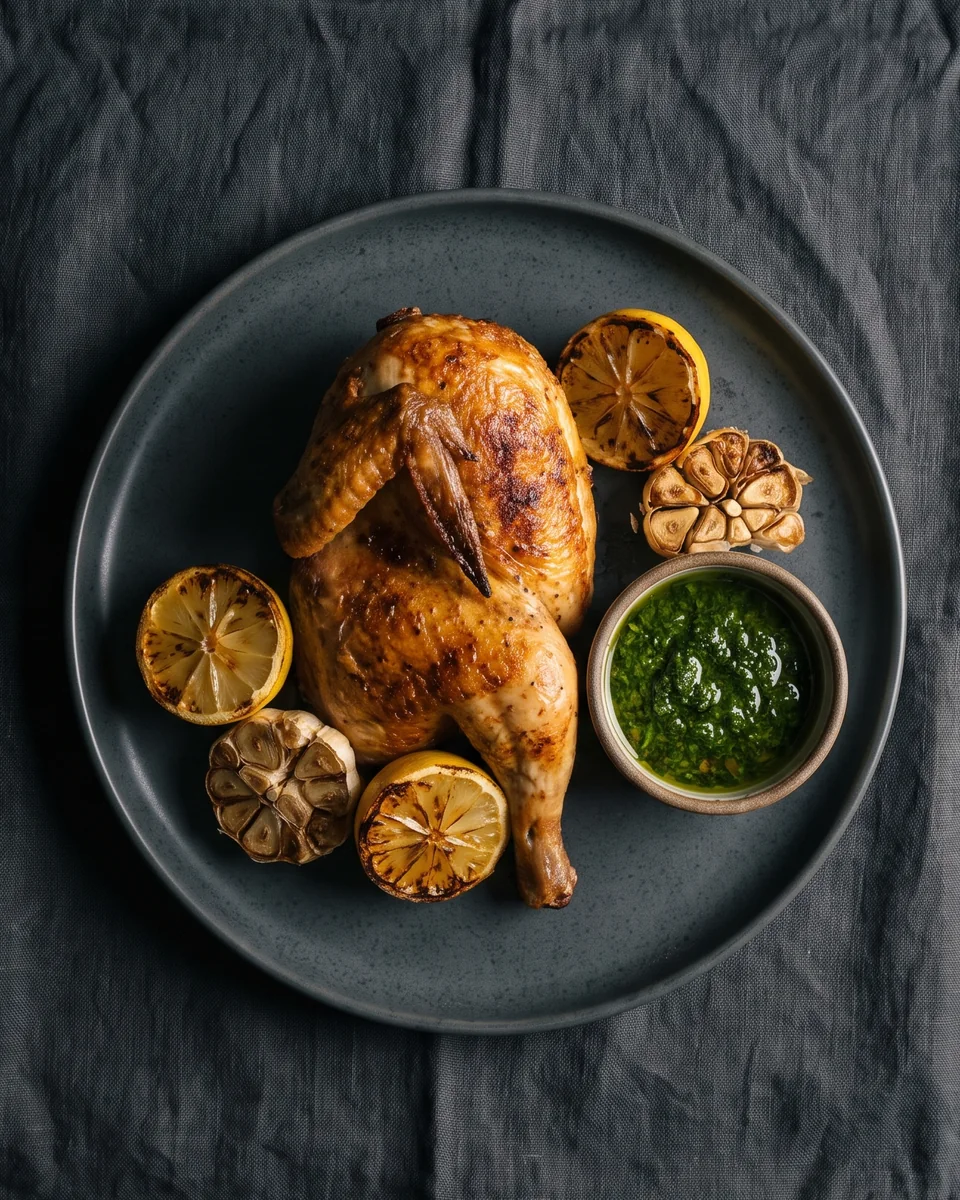 Wood-fired half chicken with charred lemon and green sauce