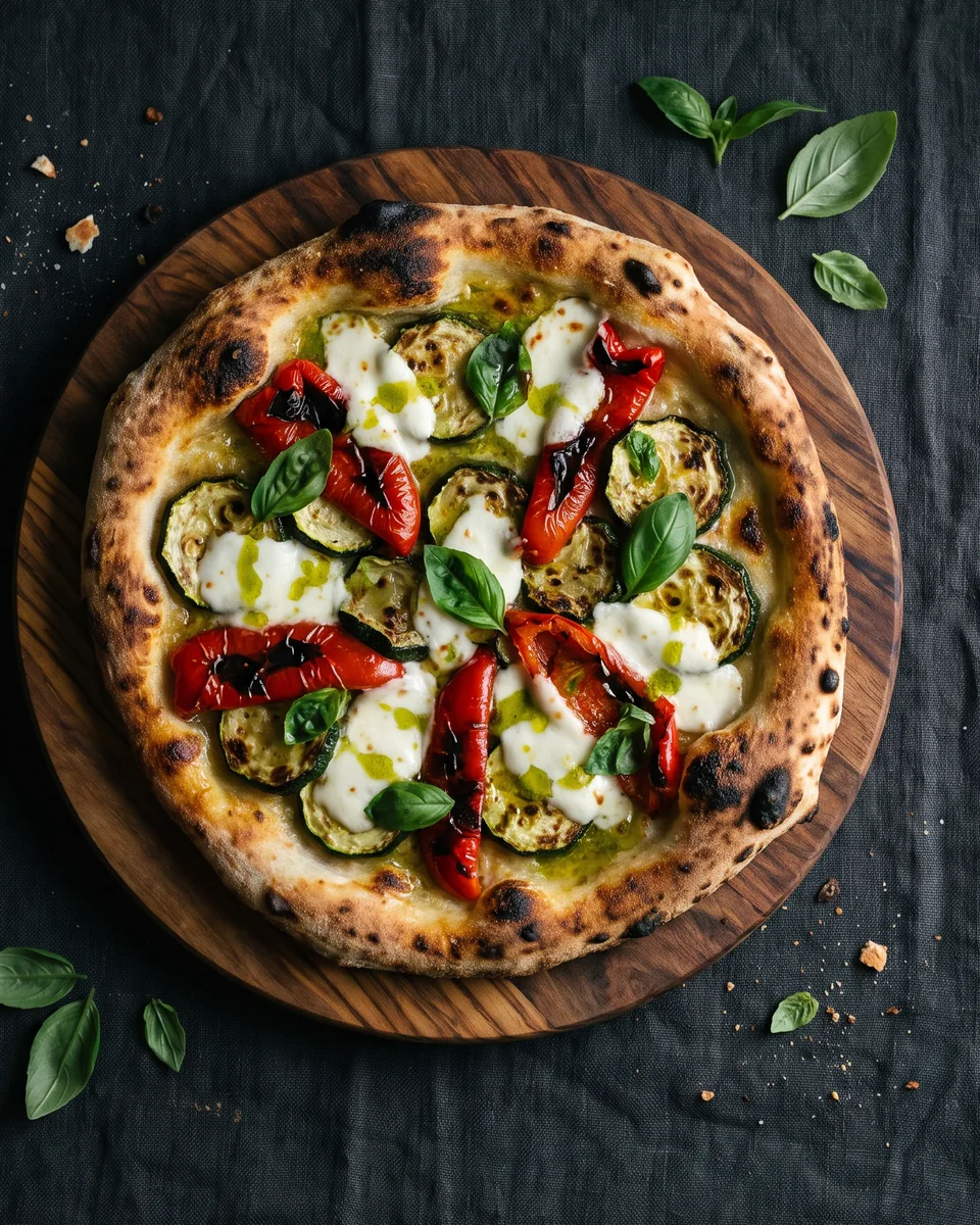 Garden flatbread on an olive-wood board