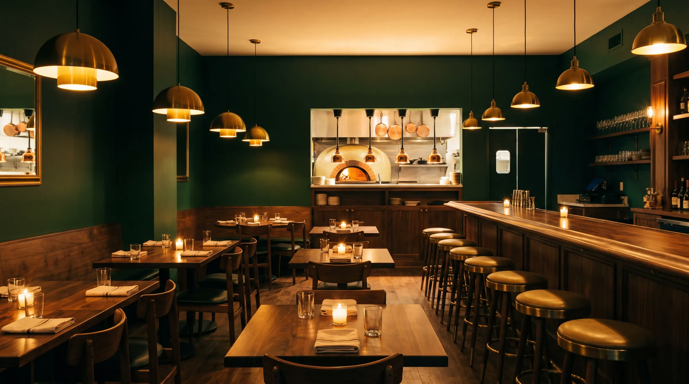 The dining room in the evening: green walls, brass lights, a long bar and the oven glowing at the back